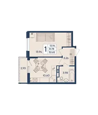 1-комнатная · 42,4 м²