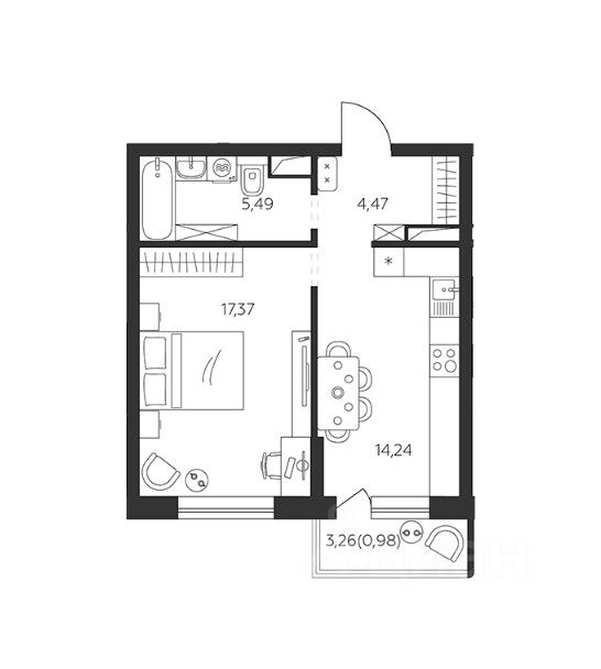 1-комнатная · 43,2 м²