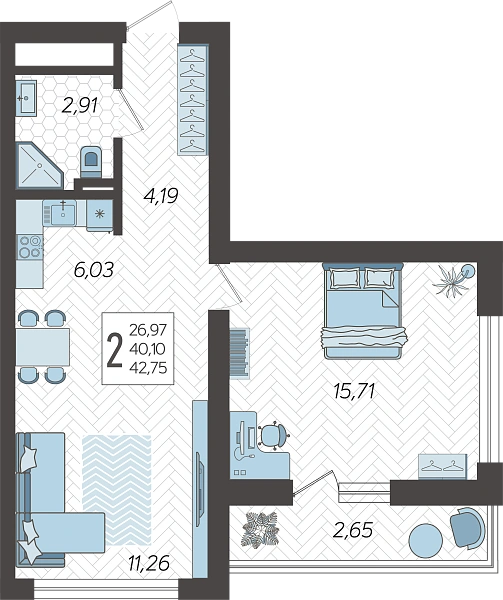 2-комнатная · 48,7 м²