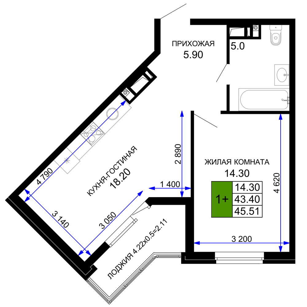 1-комнатная · 41,2 м²