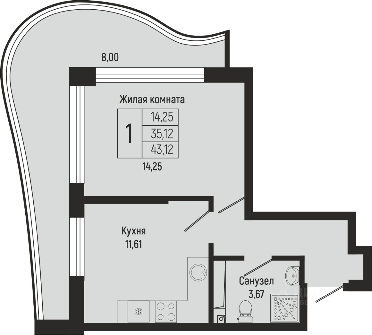 1-комнатная · 38,8 м²
