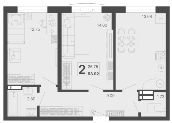 2-комнатная · 55,1 м²